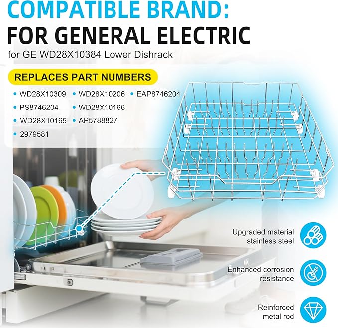 Upgrade WD28X10384 Dishwasher Lower Rack Replacement for GE Dishwasher Parts, Replaces WD28X10166 AP5788827 PS8746204 WD28X10165, Lower Dishrack Assembly with Wheels 22.2"D x 21.3"W x 7.3"H