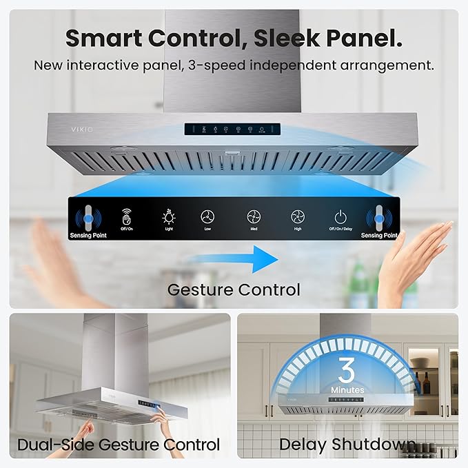 30 Inch Island Range Hood, 980 CFM Stainless Steel Ducted Island Mount Range Hood, Ceiling Mount Kitchen Vent Hood with Dual-Sided Touch/Gesture Control, Convertible Ducted/Ductless, 3-Speed Fan