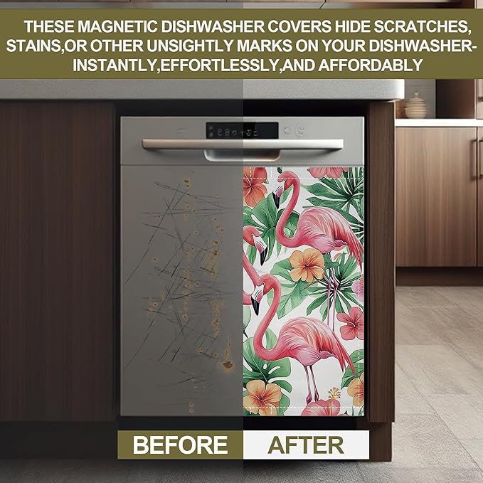 Pink Flamingo Magnetic Dishwasher Cover,Floral Plam Dishwasher Covers for The Front Magnetic Dishwasher Panel Decal Cover for Kitchen 23x26inch