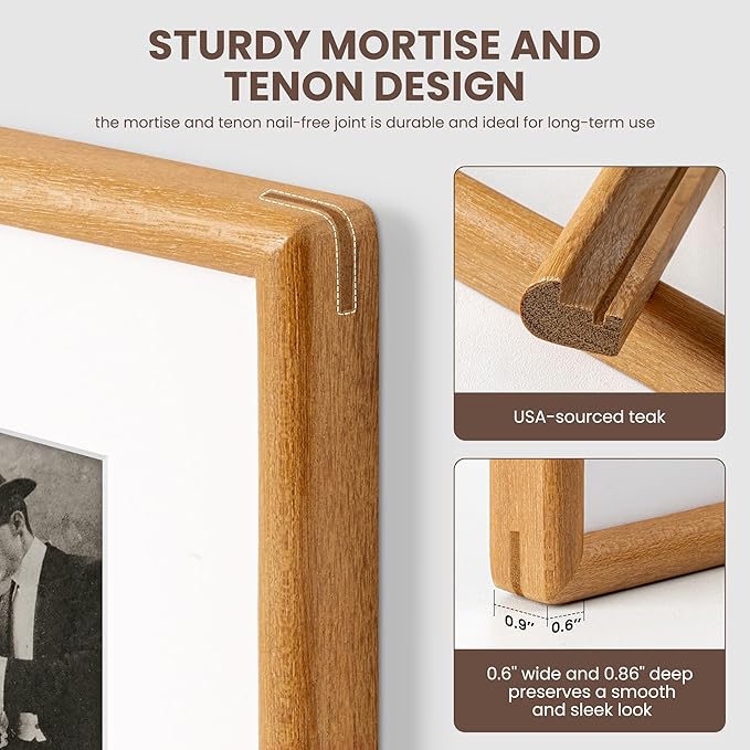 Axeman 11x14 Picture Frame - Solid Teak Wood 11x14 Frame With Mat for 8x10 - Rounded Corner 11 x 14 Picture Frame with Tempered Glass for Wall Display