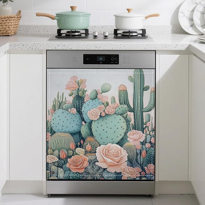 Blooming Cactuses Dishwasher Magnets Decorative Cover,Tropical Magnet Fridge Panel Decal for Home Kitchen Decor,23x26 in