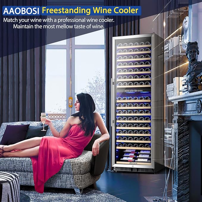 AAOBOSI Wine Cooler Refridgerator 24 Inch, 176 Bottles Dual Zone Wine Fridge with Double-Layer Tempered Glass Door and Temperature Memory Fuction,Built-in or Freestanding.