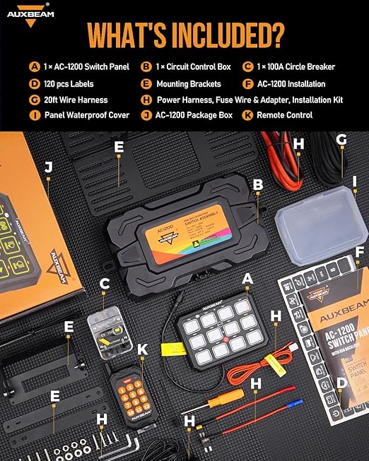 Auxbeam 12 Gang Switch Panel Bluetooth RGB AC-1200 with APP&Remote Control Toggle Momentary Pulsed Switch Pod Off Backlight for Truck Offroad 12-24V Waterproof 2 Years Warranty (Patent Registering)