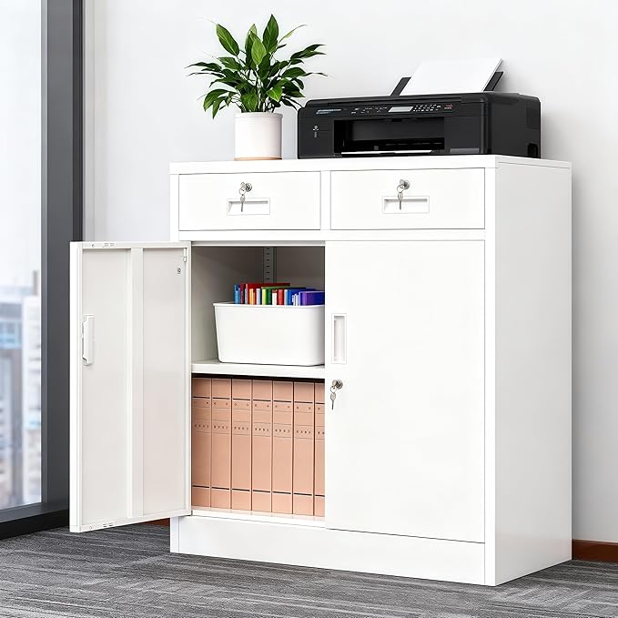 BESFUR Metal Storage Cabinet, Locking Storage Cabinet with Doors and Shelves, White Metal Cabinets with Drawers for Office, Home, Garage