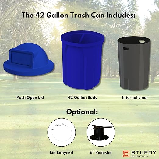 Campus Collection 42 Gallon Round 100% Recycled Plastic Heavy-Duty Commercial Indoor or Outdoor Trash Can with Push Lid and Internal Liner | Great for Schools and Businesses - Blue