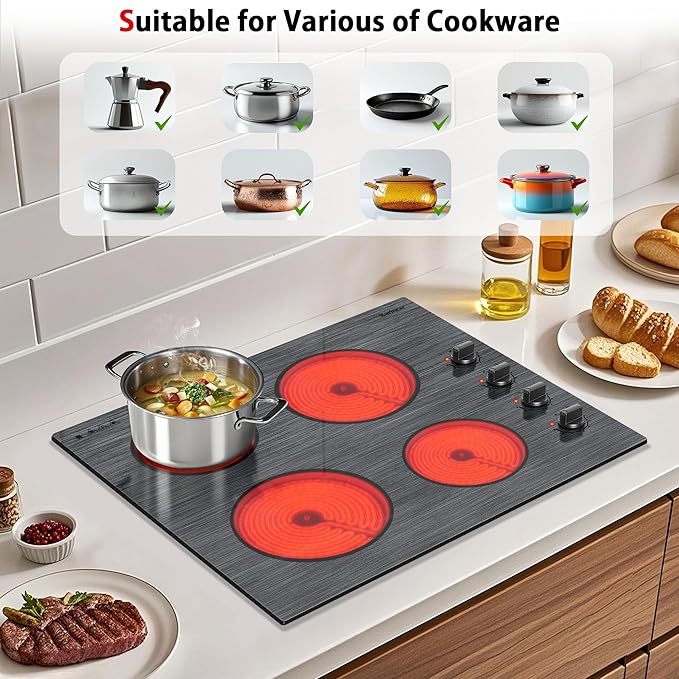 Karinear Electric Cooktop 24 Inch, 4 Burners Electric Stove Knob Control, Built-in Ceramic Cooktop with Beautiful Woodgrain Pattern Glass Surface, 6000W, 220-240v Hard Wired(No Plug)