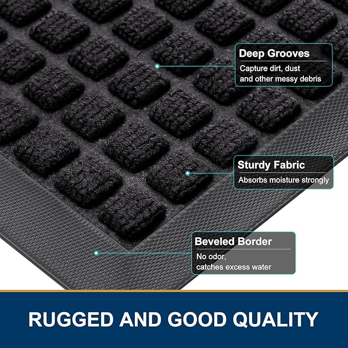 Smiry Front Door Mat Outside Entrance, Heavy Duty Natural Rubber Doormat, Non Slip, Trap Dirt and Moisture, Easy Clean, Low Profile Welcome Floor Mats for Indoor Outdoor Entry, 47x32 Inch, Black