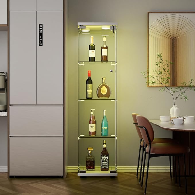 Yoluckea 4 Shelves Glass Display Cabinet with LED Light and Door, Floor Standing Clear Glass Curio Cabinet Collection for Living Room Bedroom 64.7”x16.7”x 14.3” White(Upgrade Assembly)