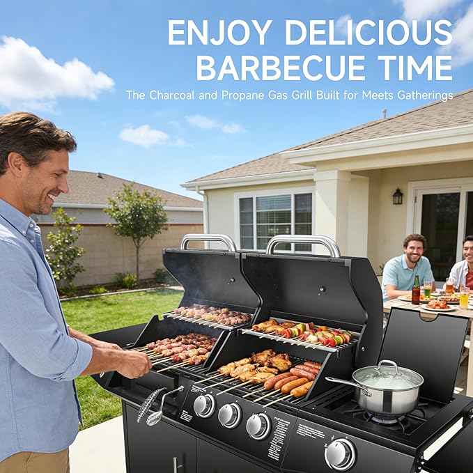 Dual Fuel Grill Combo Propane Gas & Charcoal Grill with Side Burner, 3+1 Burners 40,000 BTU Total, 713.5 Sq In Cooking Area, Adjustable Charcoal Tray & Stainless Steel Cabinet (Gas + Charcoal Combo)