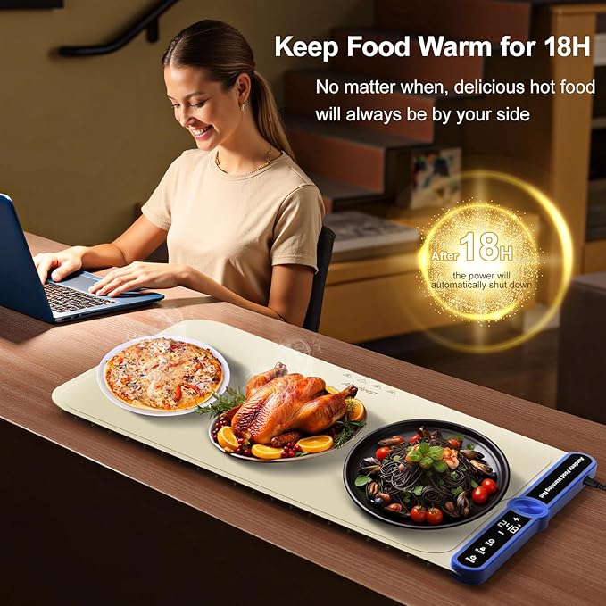 Warming Mat for Food Large Silicone Food Warmers for Parties Buffet L:32''X15'' 450W Max 248°F Portable Rolled-up Even Heating in 8S 9-Level Temp Auto Power Off Child Lock-Beige