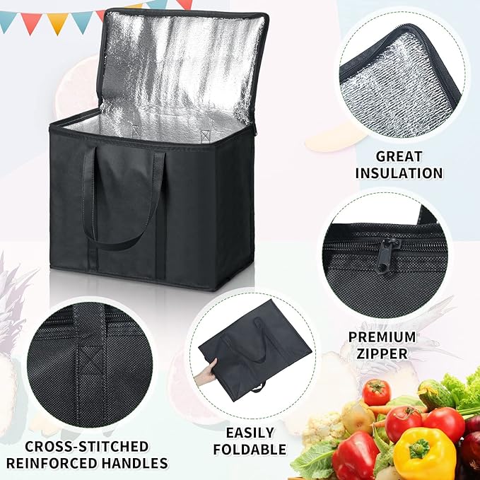 Kenning 15 Pcs Large Insulated Reusable Grocery Bags with Sturdy Zipper and Handles Foldable Washable Cooler Totes Heavy Duty Hot or Cold Food Delivery Bag for Food Transport Travel Lunch (Black)