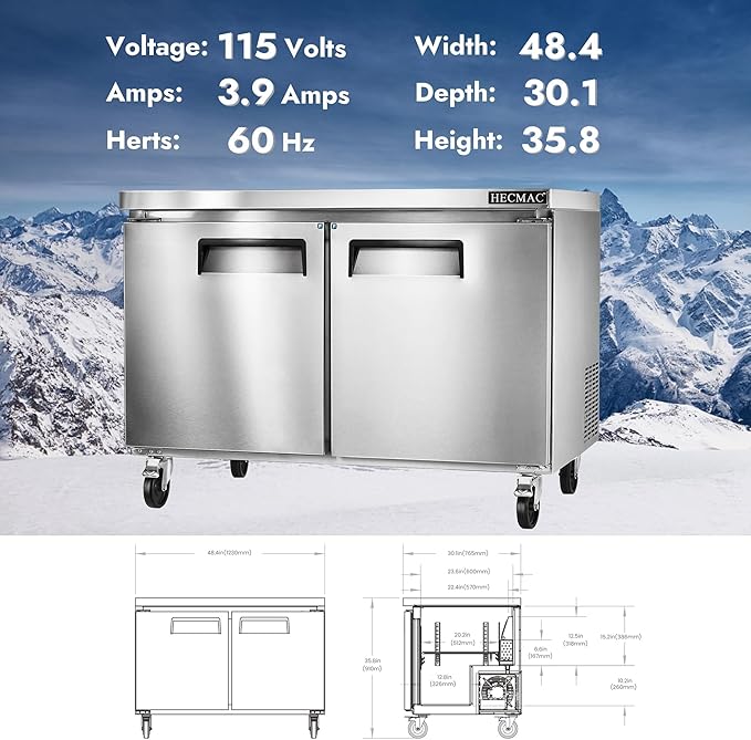 HECMAC 48" Commercial Freezer, 12.96 Cu.ft Worktop Undercounter Fridge with 2 Solid Door, -8~0℉, 18-8 Stainless Steel Interior, ETL&NSF/ANSI 7 for Restaurant, Bar, Shop, Kitchen Use