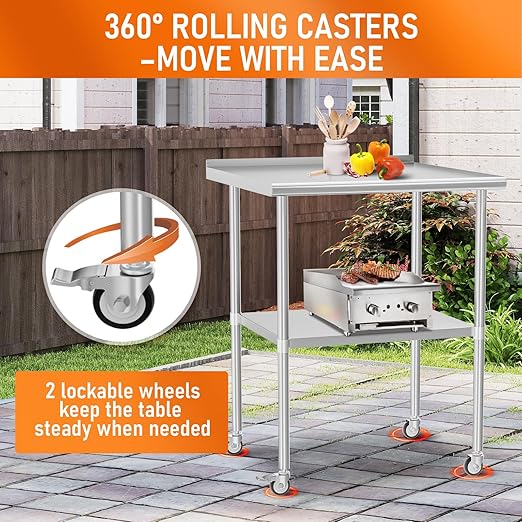 Stainless Steel Prep Table 30" X 30" with Adjustable Undershelf, Backsplash and Wheels, Commercial Metal Workstations for Kitchen, Garage, Outdoor BBQ