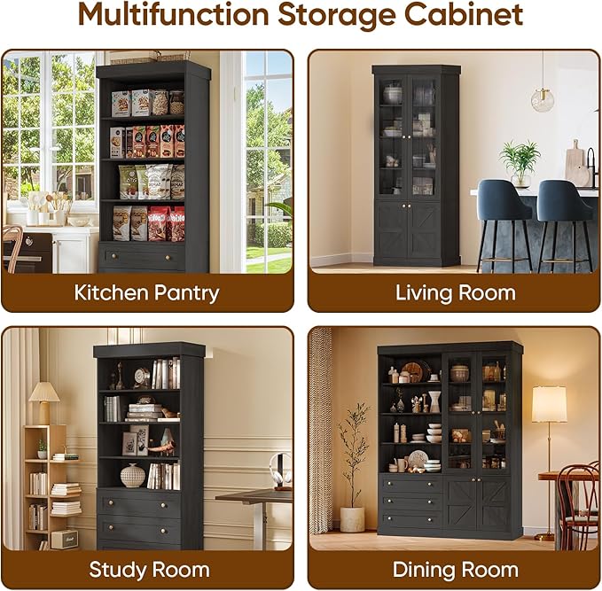 Vyre 71" Tall Farmhouse Kitchen Pantry, Set of 4 Large Storage Cabinets with Glass Doors, Adjustable Shelves, Wood Versatile Hutch Cabinet for Living Room, Dining Room, Black