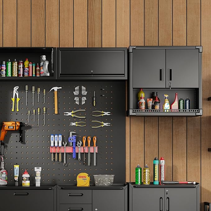 Metal Tool Cabinet,Garage Storage Cabinet System,Wall Cabinet & Locking Rolling Tool Cabinet with Doors and Adjustable Shelves,Steel Tool Cabinets for Home (2 Pcs-StyleA, Black)