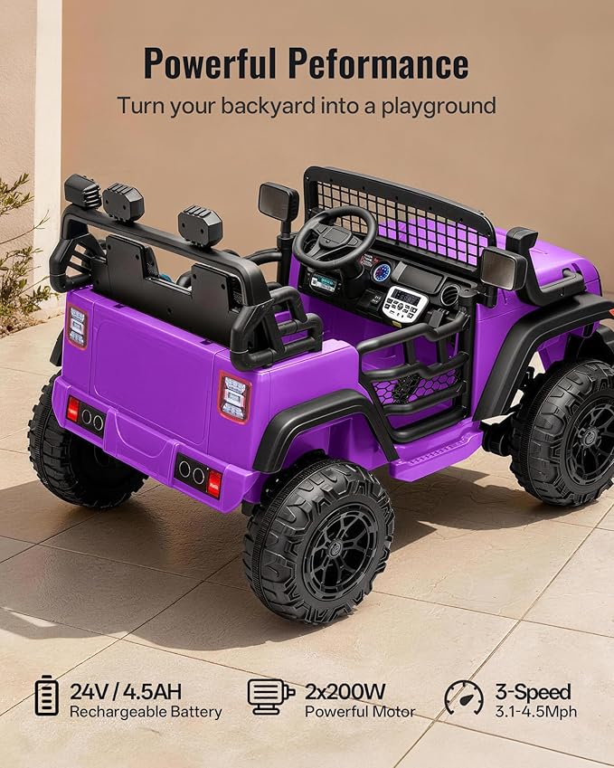 2 Seater Ride on Car Toy, 24V 4WD Electric Car for Kids 4-8 with Remote Control, 4x200W Motors, Capacity 110 lb - Purple