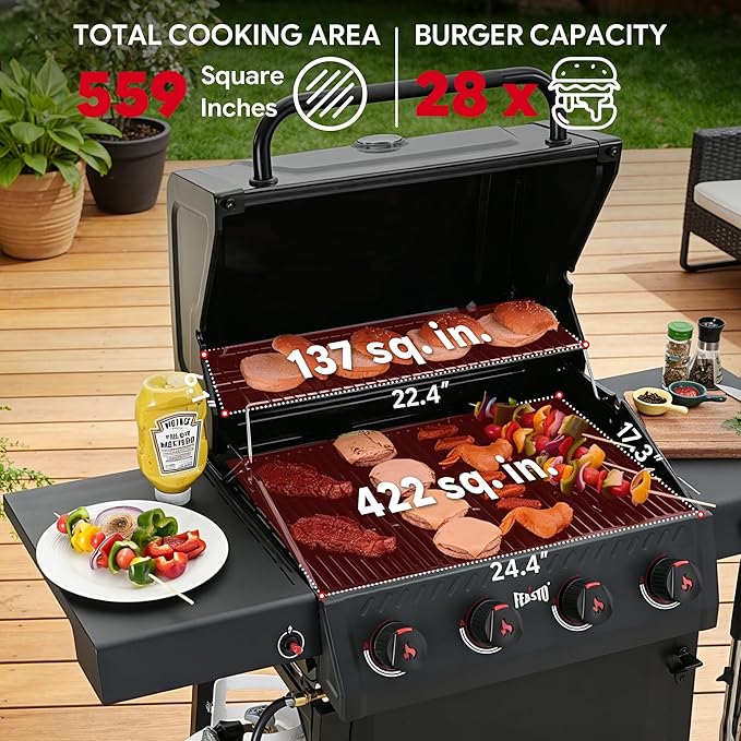 4 Burner Gas Grill, 36,000 BTU Outdoor BBQ Grill with Side Table for Outdoor Cooking & Backyard Barbecue, Premium Enameled Coated Chamber Body with Porcelain-Enameled Grates, Black