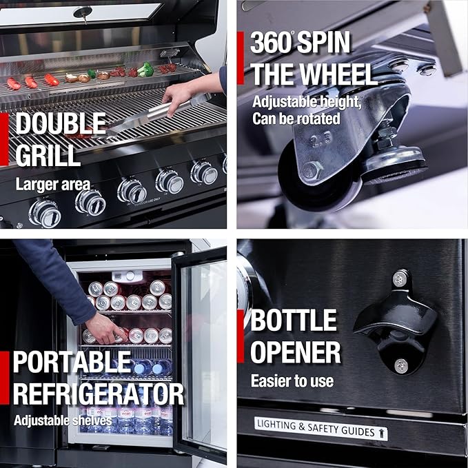 85 Inch 4-Burner 72000 BTU Deluxe Stainless Steel Propane Gas Outdoor Kitchen Barbecue Island Grill, Wine Cooler Compact Refrigerator, Rotisserie Kit, Granite Countertops, Stainless Steel Sink, Black