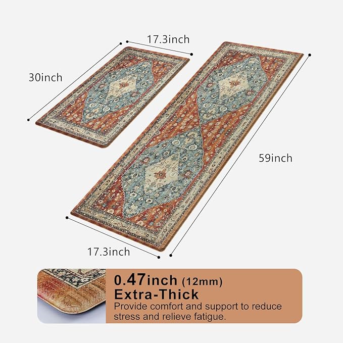 Collive Boho Kitchen Mat 2PCS, Cushioned Anti Fatigue Kitchen Mats for Floor Waterproof Kitchens Rugs Set of 2, Non Slip Comfort Standing Mat for Office, Sink, Laundry, 17"x30"+17"x59"