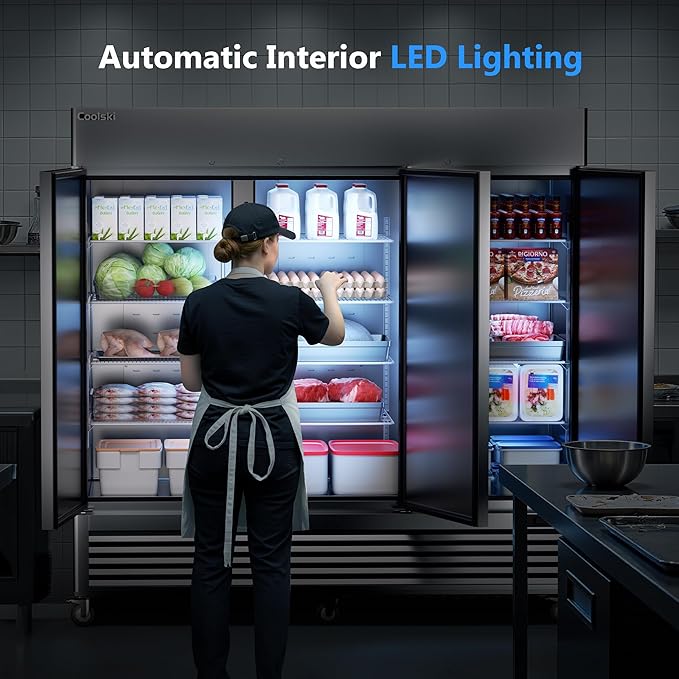Coolski 82'' Commercial Freezer 3 Doors, Reach-In Upright Freezer for Restaurants Bars Garages, 72 Cu.Ft Auto Defrost -13 to -5℉ Temp Control Fan Cooling, ETL NSF Approved