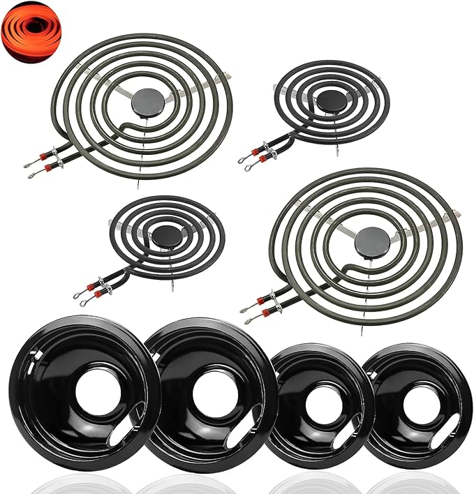 Porcelain Drip Pans and Electric Stove Top Burner Replacement for Whirl-pool Frigi-daire Ama-na Stove/Range/Oven, 2×8" 2×6" Stove Burner and Burner Drip Pans W10290350 W10290353 by Fetechmate - 1 Year