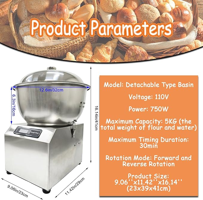 8KG/18LB Commercial Dough Mixer, 110V Electric Dough Kneading Machine with Removable Stainless Steel Bowl, 30-Min Timer & Bidirectional Mixing for Baking Bread, Pizza, Pasta