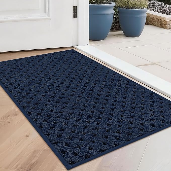 BEQHAUSE Dirt Trapper Door Mat Non-Slip Entryway Rugs Stain Resistant Absorbent Dog Doormats Woven-Look Washable Welcome Floor Doormat for Front Back Door, Muddy Wet Shoes & Paws, 20" x 32", Blue