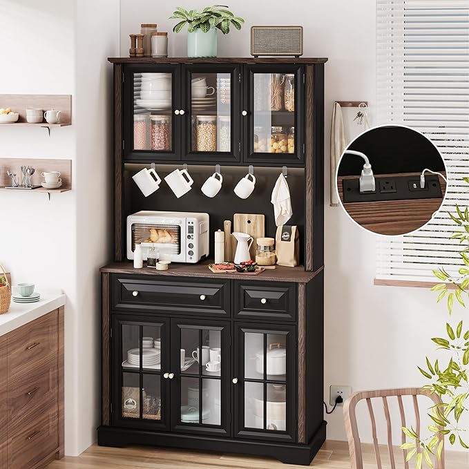 70" Kitchen Pantry Cabinet with Power Outlet| LED Lights, 38" W Kitchen Hutch Storage Cabinet with Countertop, Tall Kitchens Hutch Cabinets for Home Dining Living Room, Black