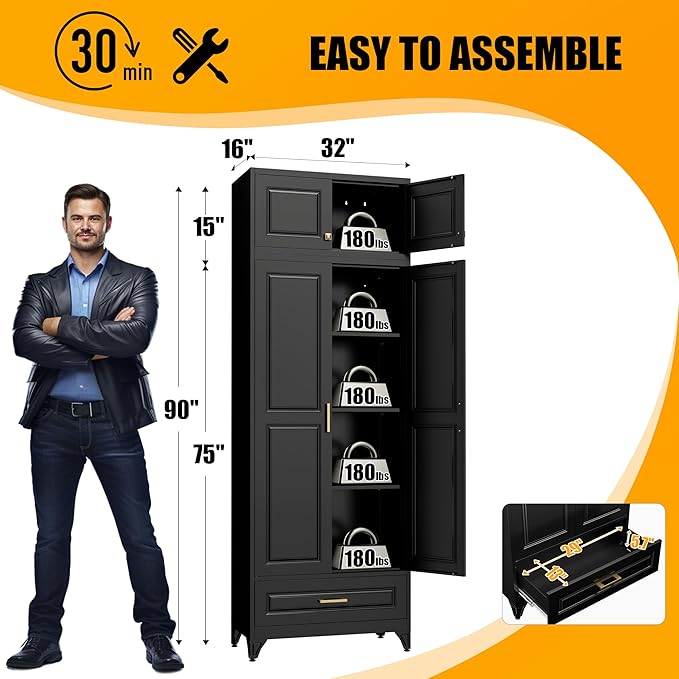 Kitchen Pantry Storage Cabinets, 90" Tall Metal Storage Cabinet with Doors and 3 Shelves, Black Pantry Cabinet with Drawer, Kitchen Cupboard, Large Steel Cabinets for Dining Room, Office, Living Room