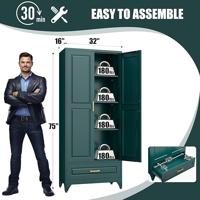 75" Tall Metal Storage Cabinet, Kitchen Pantry Storage Cabinets with Doors and 3 Shelves, Food Pantry Cabinet with Drawer, Utility Kitchen Cupboard, Large Steel Cabinets for Dining, Green