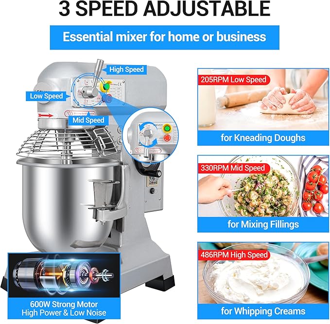 Commercial Food Mixer 15 Qt with 3-Speed Adjustment, 600W Commercial Mixer with Timer, Heavy Duty. Commercial Dough Mixer with Stainless Steel Bowl, Suitable for Bakeries and Pizzerias