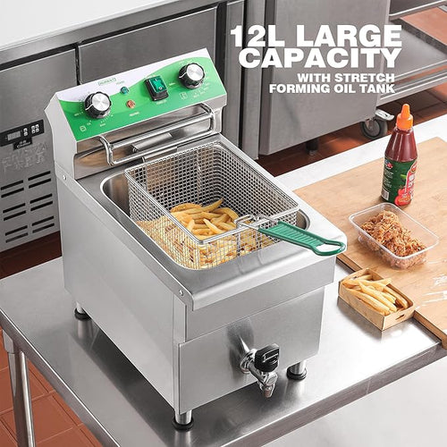 12.7 QT Commercial Fryer Electric Deep Fryer with Basket and Lid,Commercial Deep Fryer with Oil Filtration and Timer, Stainless Steel DEEP FRYER Countertop Fryer for Home Restaurant 110V/1750W