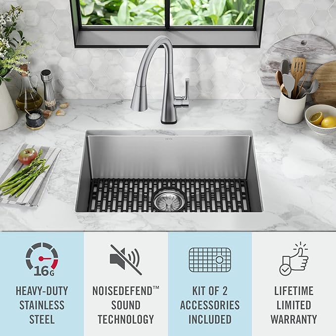 DELTA FAUCET Delta Lenta 26-inch Undermount 16 Gauge Stainless Steel Single Bowl Kitchen Sink with Accessories, 953034-26S-SS, Satin