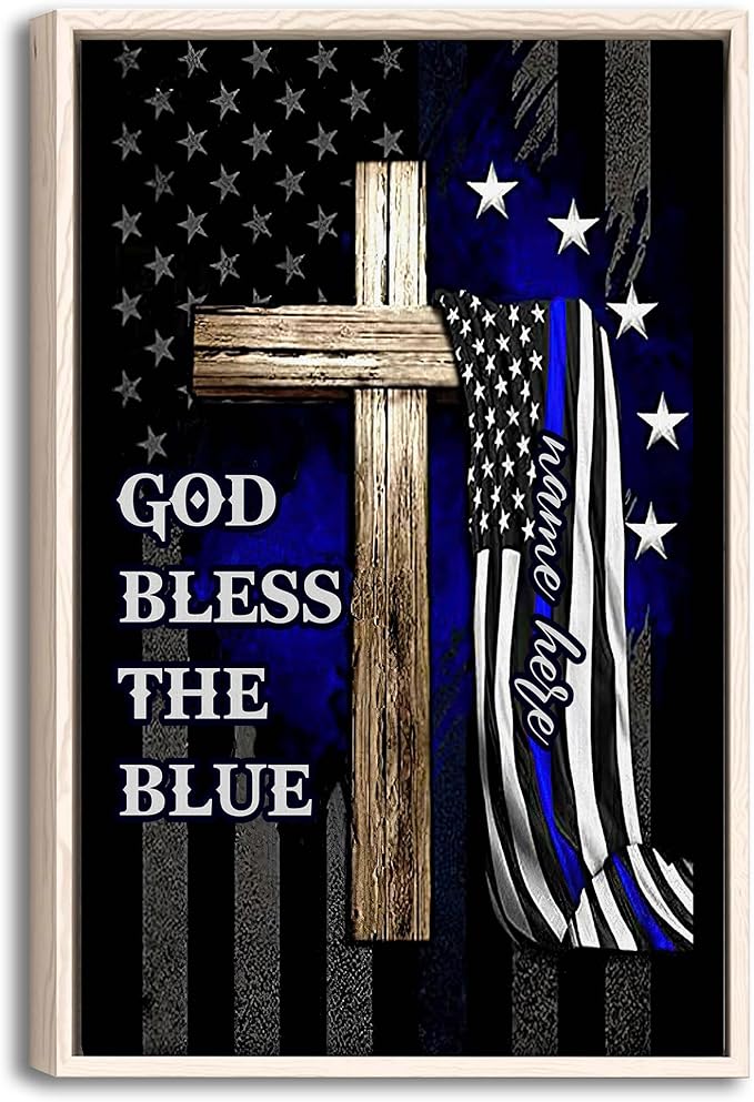 Personalized Police Poster & Framed Canvas, God Bless The Blue Home Office Decor, Custom Name Bedroom Living Room Aesthetic Wall Art Gift For Police Officer, Policeman, Husband, Men