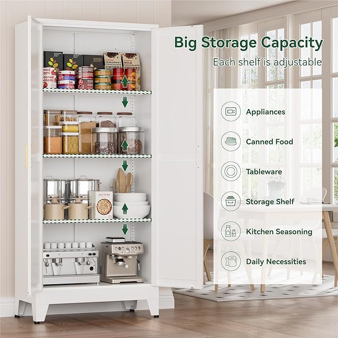 Metal Kitchen Pantry Cabinet, 61" White Farmhouse Storage Cabinet with 2 Vintage Barn Doors and 3 Adjustable Shelves, Rustic Freestanding Cupboard for Kitchen,Home Office Living Room,Dining Room