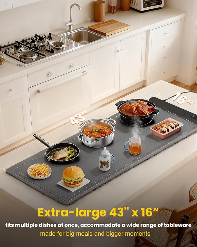 Food Warming Mat Extra Large 43"x16" with Insulation Pad for Countertop, Chafing Dishes for Buffet, Food Warmers for Parties, Hot Pads for Kitchen, Portable Heating Pad, 560W Custom Warm Setting, Grey