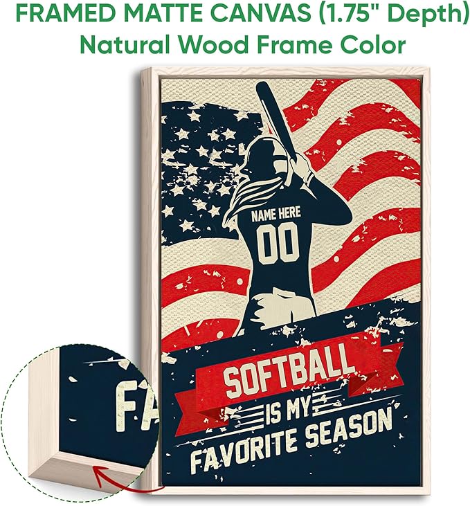 Personalized Softball Poster & Framed Canvas, Softball Is My Favorite Season Home Office Decor, Custom Name Number Bedroom Living Room Aesthetic Wall Art Gift For Girl, Daughter