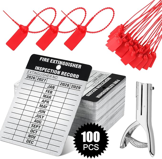 Moxweyeni 100 Set Fire Extinguisher Tag Bulk 2026-2029 Monthly Aluminum Metal Fire Extinguisher Inspection Record Tags with Tamper Seals & Hole Puncher - Tear Proof Weatherproof for Indoor Outdoor