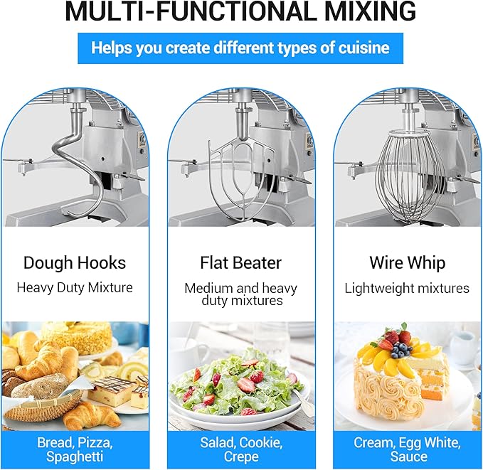 30 Qt 1250W Commercial Food Mixer, Commercial mixer 3 Speeds Adjustable Heavy Duty Stand Mixer with Stainless Steel Bowl for Bakery Pizzeria.