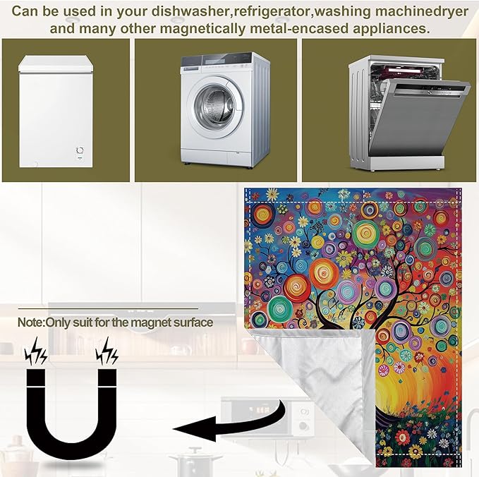 Magnetic Dishwasher Cover,Tree of Life Reusable Dishwasher Magnetic Cover Flowers Decorative Door Covers Panel for Home Kitcen 23" x 26"