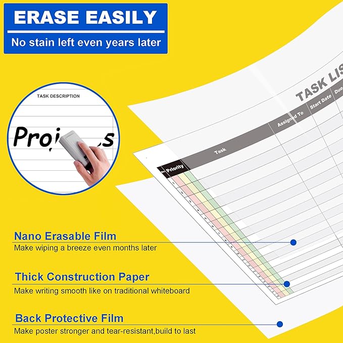 Large Dry Erase Task List Chart,24x36 Inch Erasable Task Wall Planner,Lightweight Task White Board Employee Assignment Tracker Poster for Office