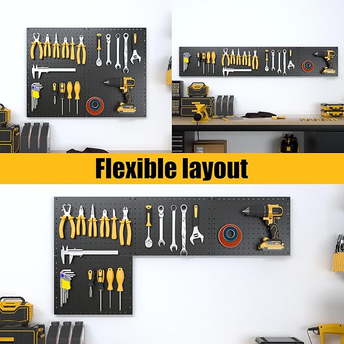 Peg Board, 4 Pack Metal Pegboard Panels with 50 Hooks, Black Pegboards Wall Organizer, Heavy Duty Peg Board for Walls Home, Garage Tool Storage, Office Organization, Craft Room, Kitchen