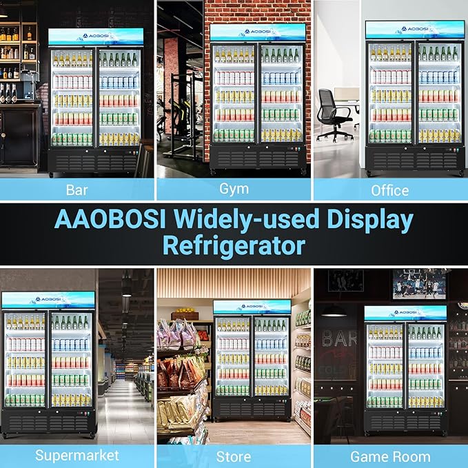 AAOBOSI 50" Wide Commercial Merchandiser Refrigerator,36.8 Cu.Ft Glass Door Display Refrigerator,Upright Beverage Fridge with Soft LED Light,Customizable Lightbox,Universal Casters, Adjustable Shelves