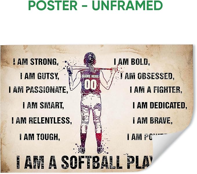Custom I Am A Softball Player Gift For Her Softball Girl Room Personalized Name Number Poster & Framed Canvas, Wall Art Home Office Decoration Living Room Bedroom Aesthetic Decor