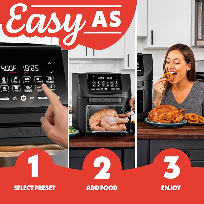 Gourmia Air Fryer - 14 Qt All-in-One Oven with Rotisserie, Digital Display with 12 Presets, Roast, Bake, Broil, Dehydrate, Dishwasher Safe Accessories, Black
