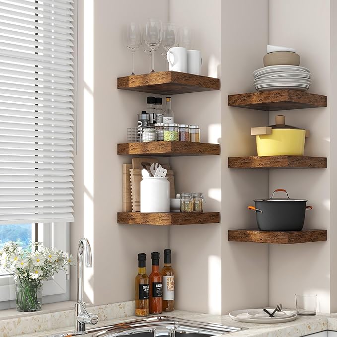 Square Floating Shelves for Wall 12"W x 12"D x 1.4"H, Engineered Wood Wall Shelves with Invisible Brackets for Living Room Bedroom Bathroom Office Kitchen Storage Decor, Rustic Brown Finish, Set of 3
