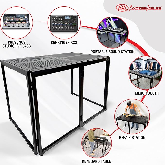 AxcessAbles Portable DJ Table XL – 54” x 27” Music Workstation | 35” Standing Height, 400lb Capacity | Collapsible FOH Sound Desk for DJs, Mixing Consoles, Guitar Techs| Recording Desk | DJ Booth