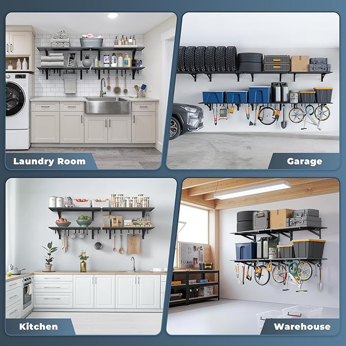 2-Pack 2x3ft Garage Shelving Wall Mounted, 2' x 3' Heavy Duty Garage Storage Shelves with Hooks, 500LB Capacity