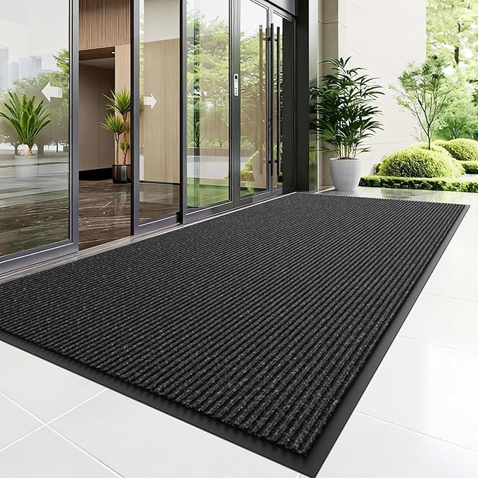 Front Door Mat, 6' x 2' Heavy Duty Indoor Outdoor Door Mat Entrance, Commercial Welcome Mats, Stain and Fade Resistant, Durable Rubber Backing, Low Profile Entry Mat for Patio, Black Stripe