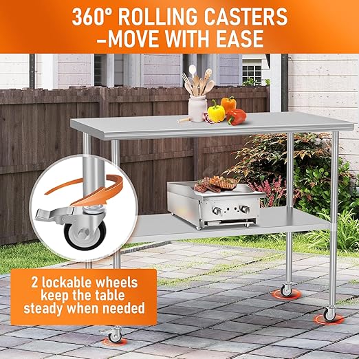 Stainless Steel Table with Wheels 30" x 48" Utility Worktable with Adjustable Undershelf for Commercial Kitchen, Garage, Restaurant